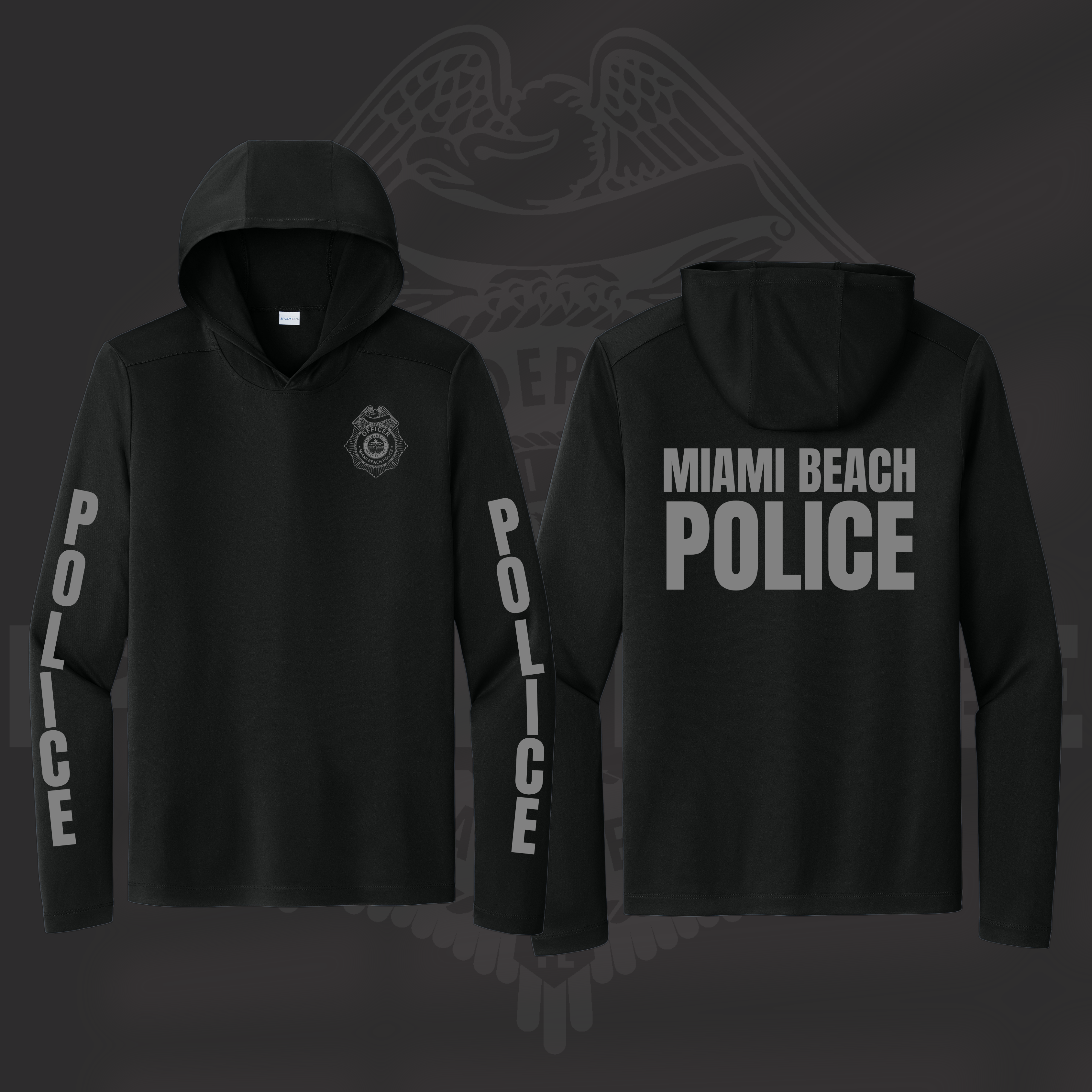 MIAMI BEACH POLICE DEPARTMENT: UNISEX BLACK DRI FIT HOODED LONG SLEEVE