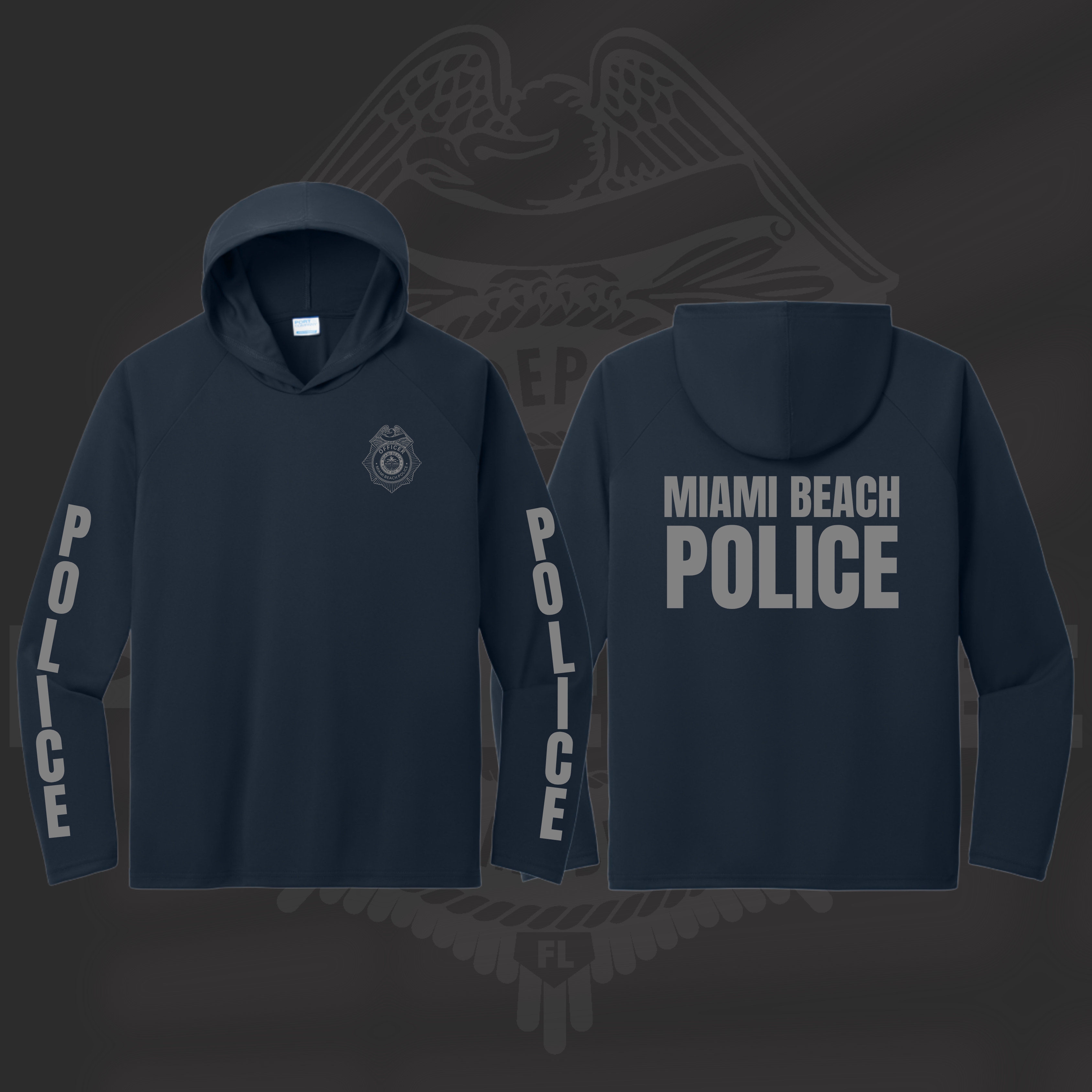 MIAMI BEACH POLICE DEPARTMENT: UNISEX NAVY DRI FIT HOODED LONG SLEEVE
